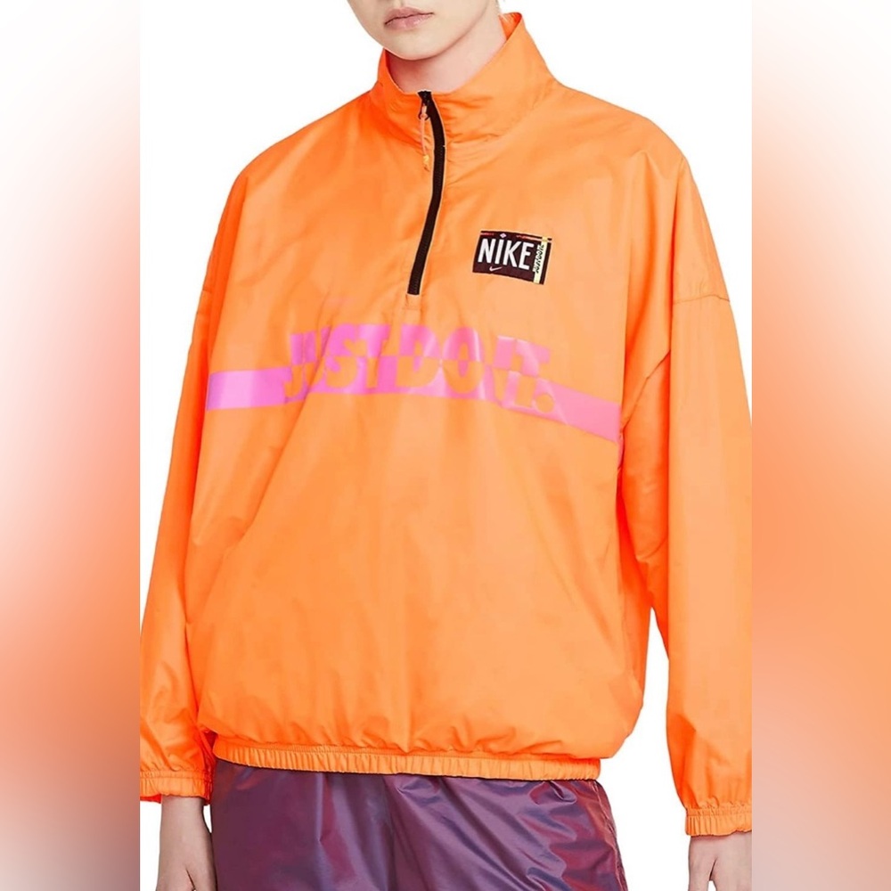 Nike women’s orange woven 1/4 zip jacket windbreaker Just Do It spell out M